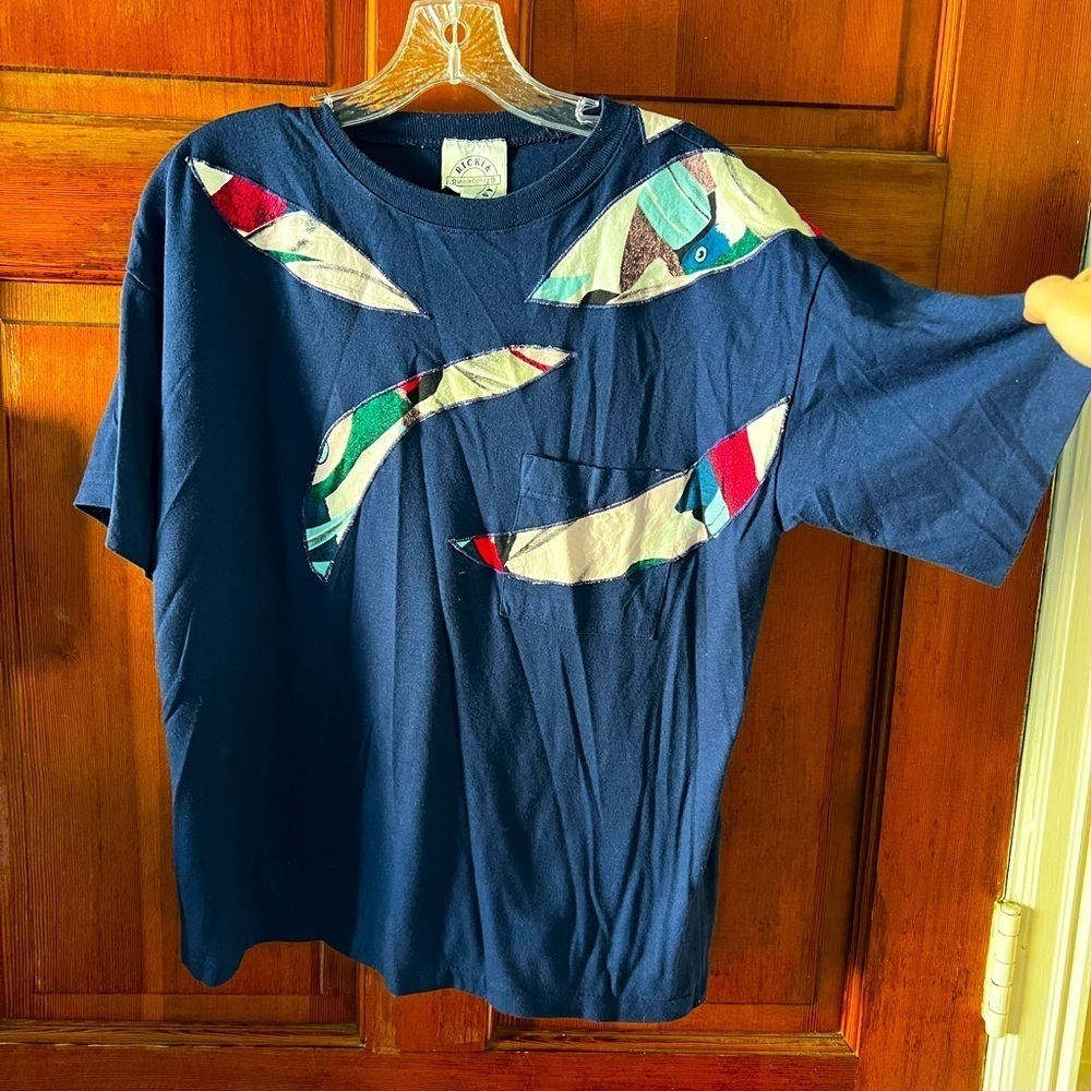 Vintage 80s Ricki & Company Navy Graphic Appliqué T-Shirt Birds Design (Size M)